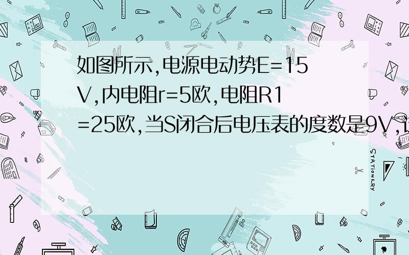 如图所示,电源电动势E=15V,内电阻r=5欧,电阻R1=25欧,当S闭合后电压表的度数是9V,试求：(1)S断开时电压表的度数.(2)S闭合后干路电流.(3)电阻R2的大小. 手机像素不高开关右边的是S2