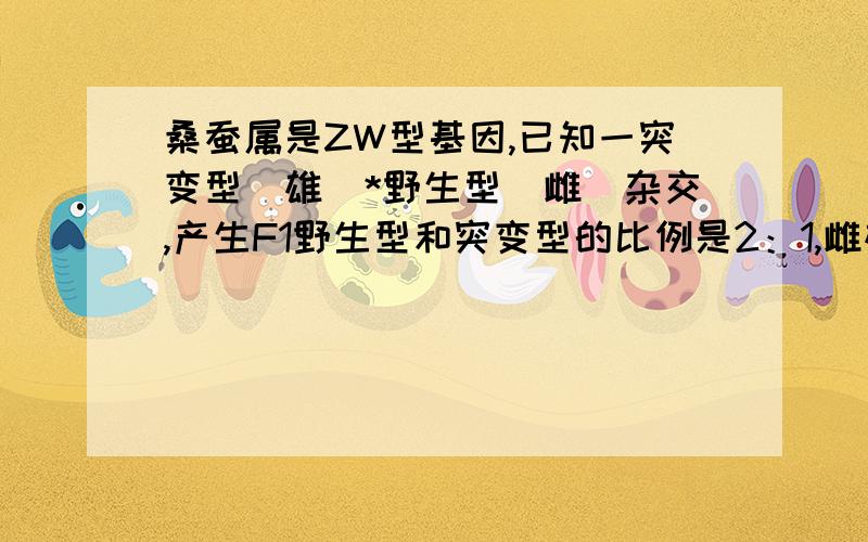 桑蚕属是ZW型基因,已知一突变型（雄）*野生型（雌）杂交,产生F1野生型和突变型的比例是2：1,雌雄比例是