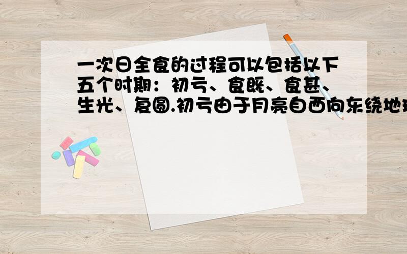 一次日全食的过程可以包括以下五个时期：初亏、食既、食甚、生光、复圆.初亏由于月亮自西向东绕地球运转