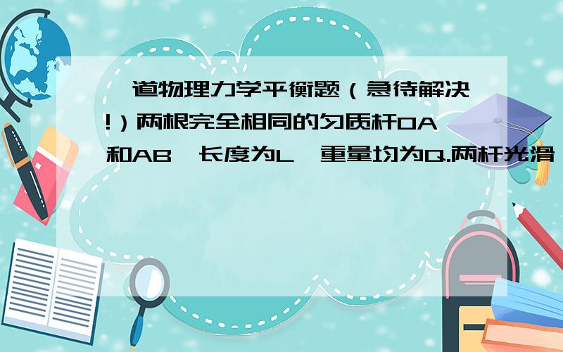 一道物理力学平衡题（急待解决!）两根完全相同的匀质杆OA和AB,长度为L,重量均为Q.两杆光滑铰接于A,杆OA的另一端又铰接于固定点O,杆AB的B端则搁在地板上.当OA与竖直线成α 角,AB与水平线成β