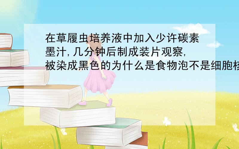 在草履虫培养液中加入少许碳素墨汁,几分钟后制成装片观察,被染成黑色的为什么是食物泡不是细胞核呢?...我快蒙了.为什么食物泡能被染成黑色?我看不懂.......