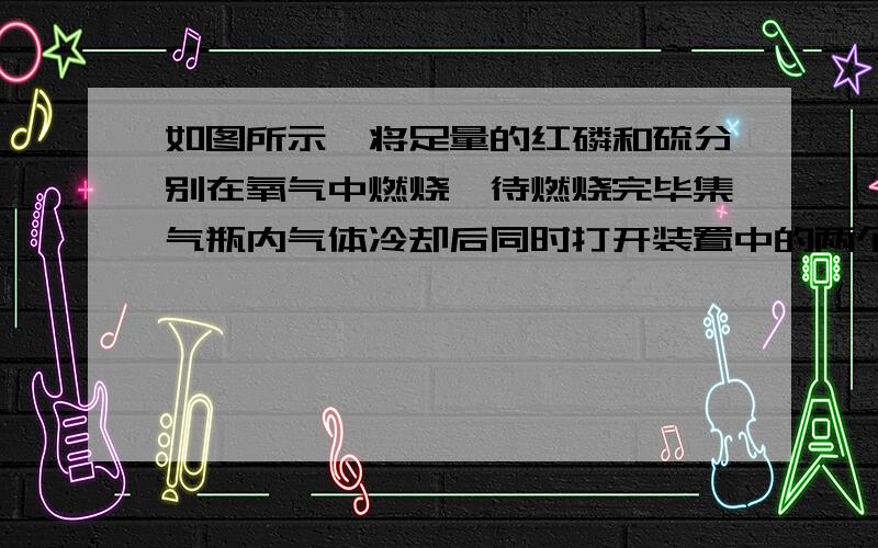 如图所示,将足量的红磷和硫分别在氧气中燃烧,待燃烧完毕集气瓶内气体冷却后同时打开装置中的两个止气夹,这时可观察到的现象是（ ）A、水进入两个集气瓶 B、水只进入A瓶中C、水只进入