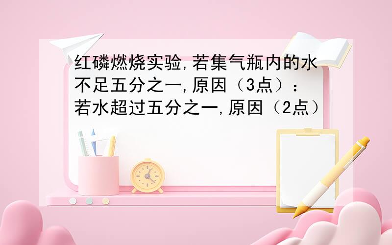 红磷燃烧实验,若集气瓶内的水不足五分之一,原因（3点）：若水超过五分之一,原因（2点）