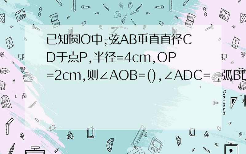 已知圆O中,弦AB垂直直径CD于点P,半径=4cm,OP=2cm,则∠AOB=(),∠ADC= ,弧BD的度数为 ,△ADC周长