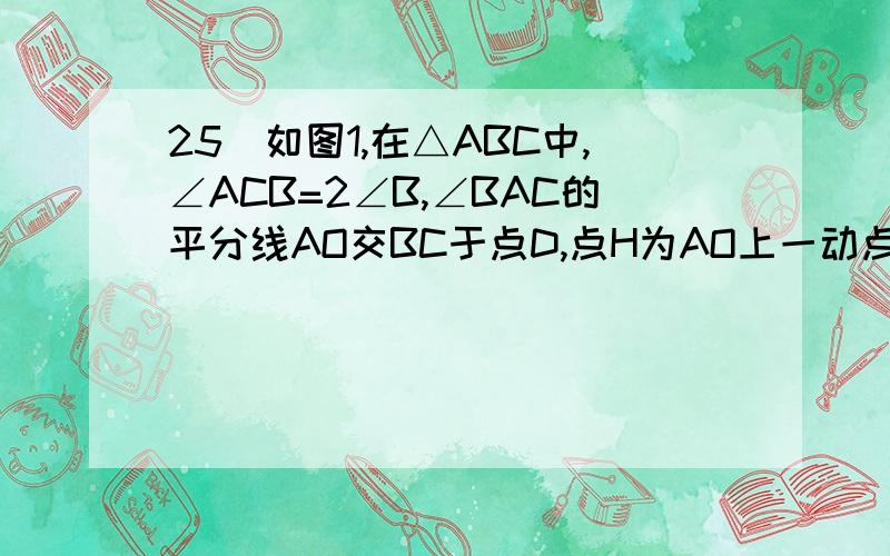 25．如图1,在△ABC中,∠ACB=2∠B,∠BAC的平分线AO交BC于点D,点H为AO上一动点,过点H作直线l⊥AO于H,分别交直线AB、AC、BC、于点N、E、M.（1）当直线l经过点C时（如图2）,求证：BN=CD；（2）当M是BC中点