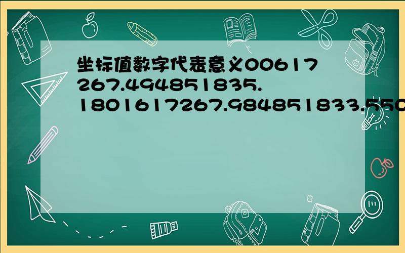 坐标值数字代表意义00617267.494851835.1801617267.984851833.5502617268.784851830.9403617269.744851828.3704617271.074851826.4105617272.144851824.24这上面我是我复制的6组坐标值,我想知道横纵坐标中数值各代表的意义,比