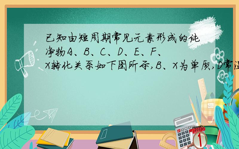 已知由短周期常见元素形成的纯净物A、B、C、D、E、F、X转化关系如下图所示,B、X为单质,D常温下为无色液体,A、B含同一种元素.（某些产物可能略去）  若E气体不是大气污染物,F是二元弱酸,请