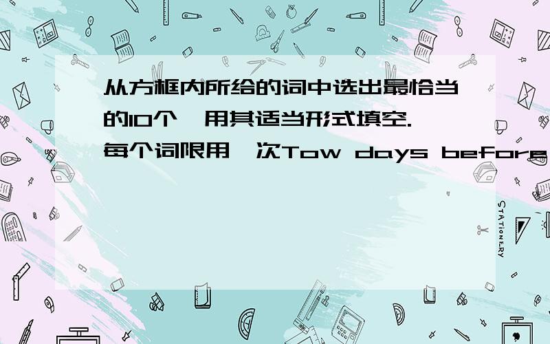 从方框内所给的词中选出最恰当的10个,用其适当形式填空.每个词限用一次Tow days before Father's Day,my eldest son and I were having breakfast.( ) as we finished,my boy asked me what I ( ) as a gift for Father's Day.I said,