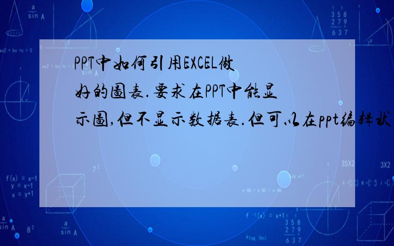 PPT中如何引用EXCEL做好的图表.要求在PPT中能显示图,但不显示数据表.但可以在ppt编辑状态下显示出表来调整数字,改过之后ppt图也一起变化就剩下10分,全部献上吧.先多谢了拜托搞详细点.