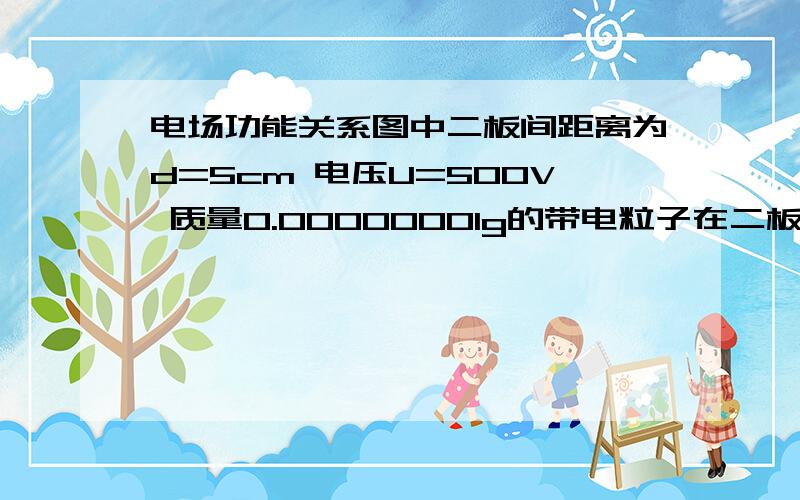 电场功能关系图中二板间距离为d=5cm 电压U=500V 质量0.00000001g的带电粒子在二板正中央平衡,若保持二板间电压不变,将下板迅速向上移动1cm 求：1）粒子到达上板的速度2）粒子经多久到达上板