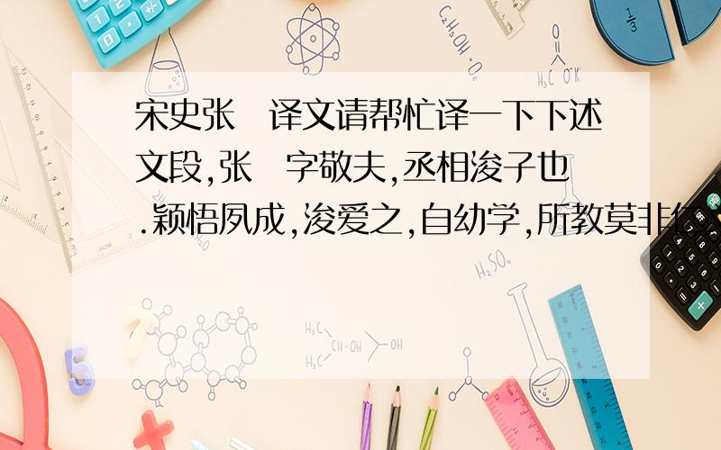 宋史张栻译文请帮忙译一下下述文段,张栻字敬夫,丞相浚子也.颖悟夙成,浚爱之,自幼学,所教莫非仁义忠孝之实.长师胡宏,宏一见,即以孔门论仁亲切之旨告之.栻退而思,若有得焉,宏称之曰：「