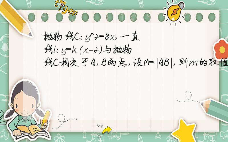 抛物线C:y^2=8x,一直线l:y=k(x-2)与抛物线C相交于A,B两点,设M=|AB|,则m的取值范围为?