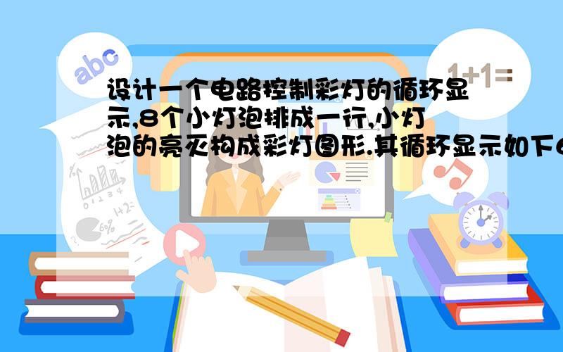 设计一个电路控制彩灯的循环显示,8个小灯泡排成一行,小灯泡的亮灭构成彩灯图形.其循环显示如下6种彩灯图案：（1） 彩灯自左到右渐亮至全亮（2） 彩灯自左到右渐灭至全灭（3） 彩灯自