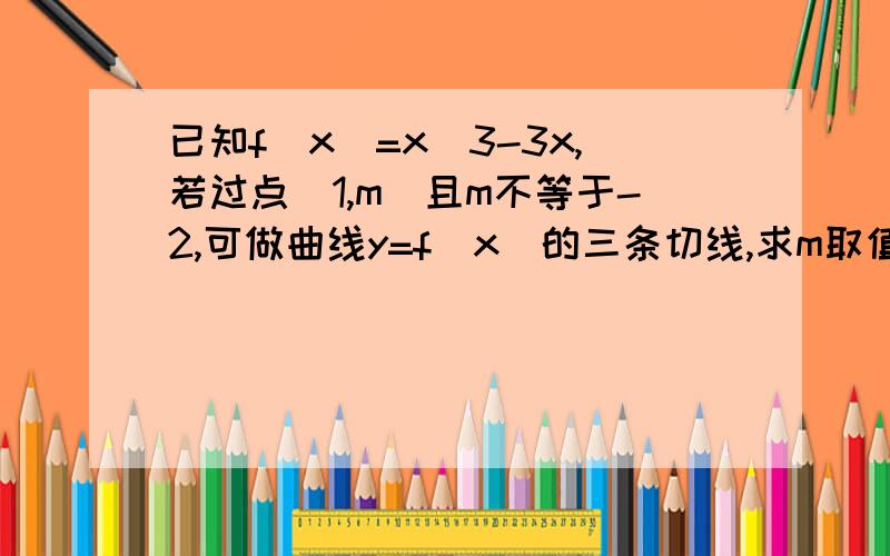 已知f(x)=x^3-3x,若过点(1,m)且m不等于-2,可做曲线y=f(x)的三条切线,求m取值范围.