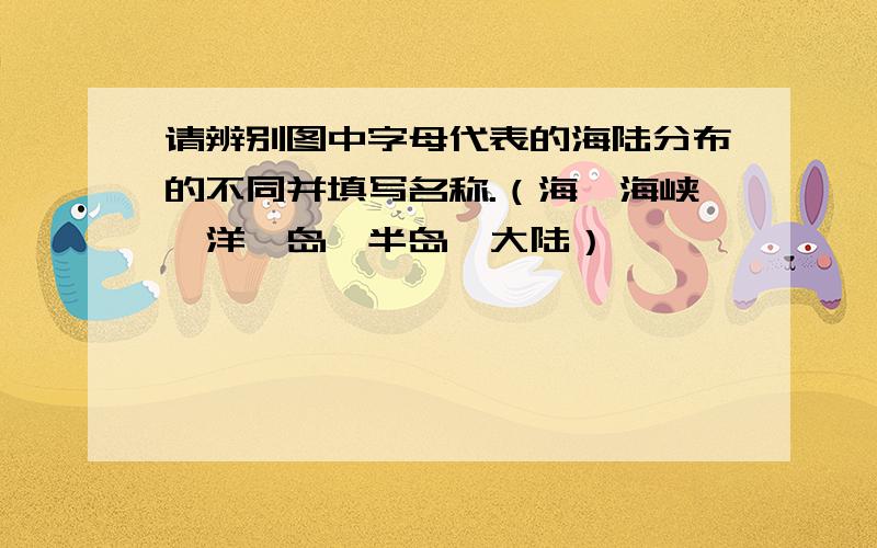 请辨别图中字母代表的海陆分布的不同并填写名称.（海,海峡,洋,岛,半岛,大陆）