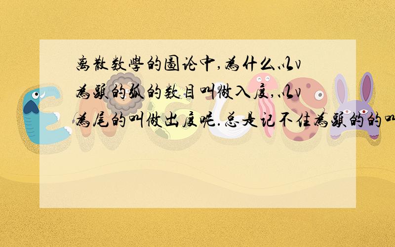 离散数学的图论中,为什么以v为头的弧的数目叫做入度,以v为尾的叫做出度呢.总是记不住为头的的叫入度总是记不住为头的的叫入度还是出度.