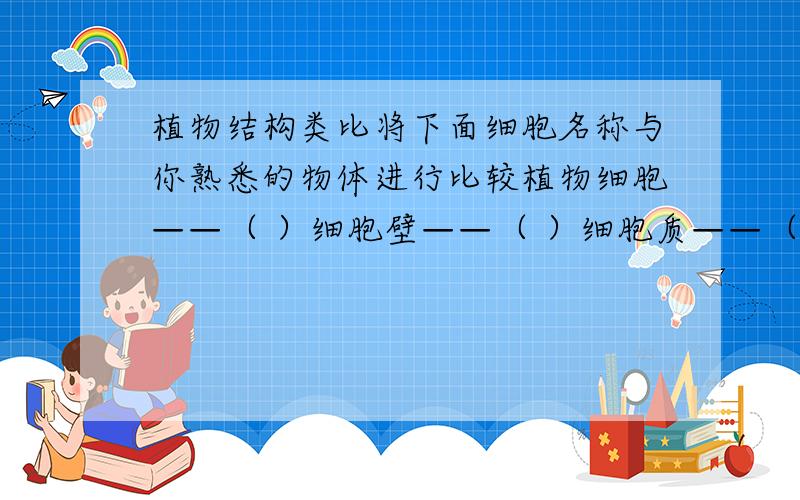 植物结构类比将下面细胞名称与你熟悉的物体进行比较植物细胞——（ ）细胞壁——（ ）细胞质——（ ）细胞膜——（ ）细胞核——（ ）根据细胞内各部分的功能进行比较细胞核——（