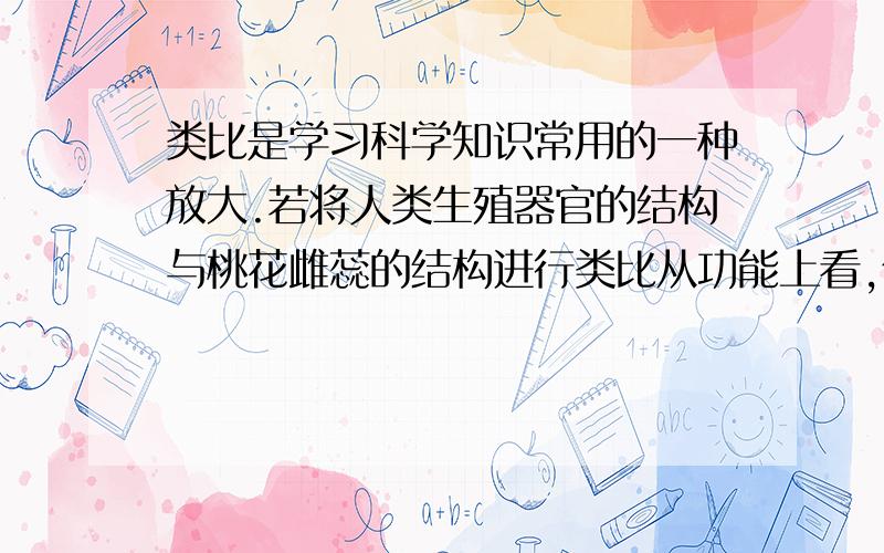 类比是学习科学知识常用的一种放大.若将人类生殖器官的结构与桃花雌蕊的结构进行类比从功能上看,你认为最恰当的是A:子宫－－子房 B:输卵管－－花粉管 C：输卵管－－花柱D：胎盘－－胚