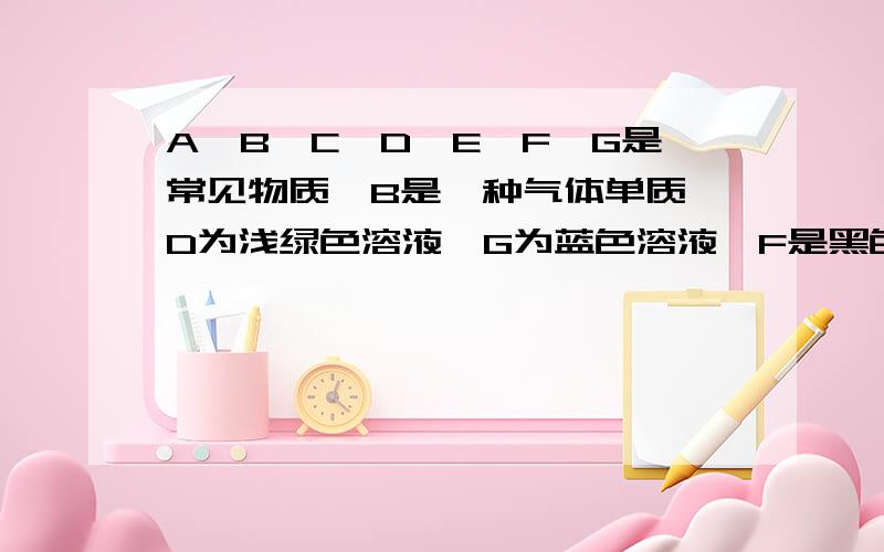 A,B,C,D,E,F,G是常见物质,B是一种气体单质,D为浅绿色溶液,G为蓝色溶液,F是黑色固体,这些物质分别是什么?