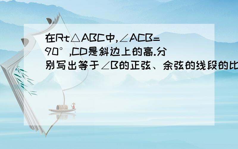 在Rt△ABC中,∠ACB=90°,CD是斜边上的高.分别写出等于∠B的正弦、余弦的线段的比,这样的比例线段各有几对?