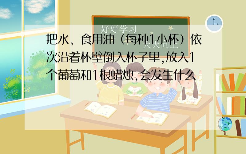 把水、食用油（每种1小杯）依次沿着杯壁倒入杯子里,放入1个葡萄和1根蜡烛,会发生什么