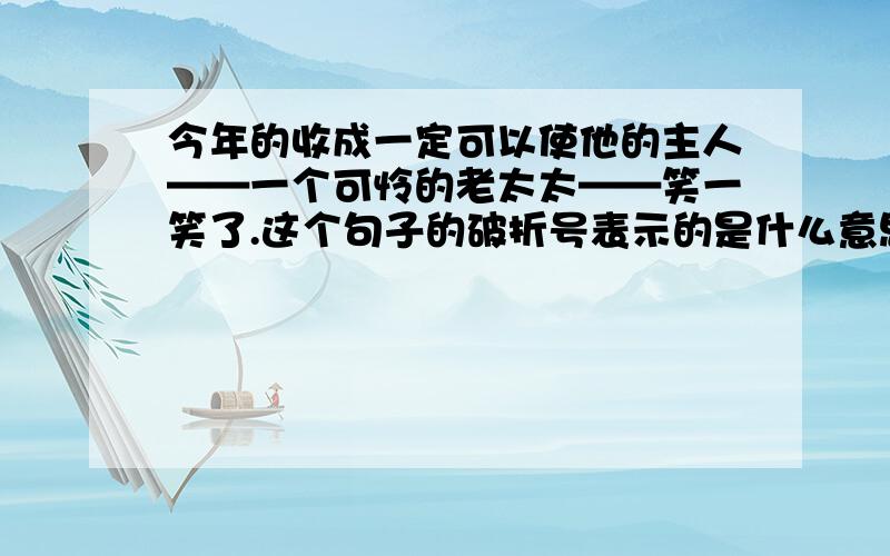 今年的收成一定可以使他的主人——一个可怜的老太太——笑一笑了.这个句子的破折号表示的是什么意思?