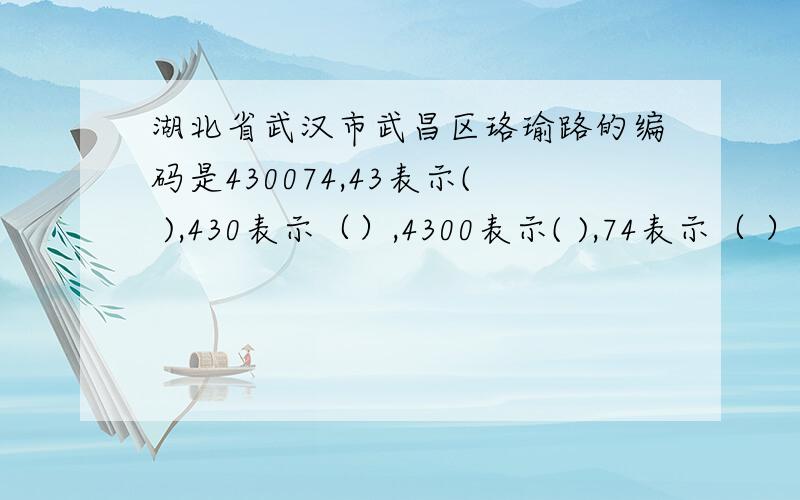 湖北省武汉市武昌区珞瑜路的编码是430074,43表示( ),430表示（）,4300表示( ),74表示（ ）,430074表示( )