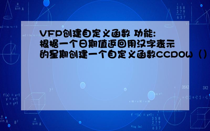 VFP创建自定义函数 功能:根据一个日期值返回用汉字表示的星期创建一个自定义函数CCDOW（）,其功能为：根据一个日期值返回用汉字表示的星期.例如,CCDOW({^1999/03/01})的返回值为“星期一”（