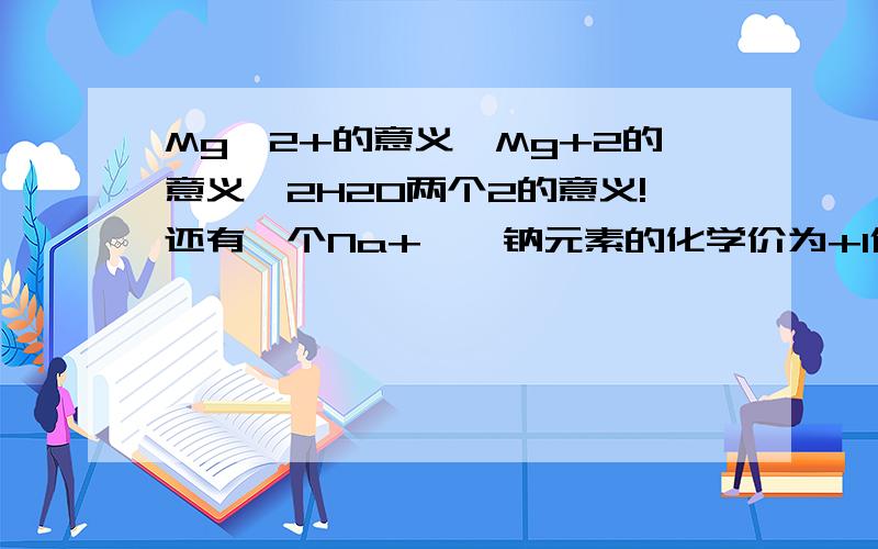 Mg^2+的意义,Mg+2的意义,2H2O两个2的意义!还有一个Na+——钠元素的化学价为+1价 哪错了?