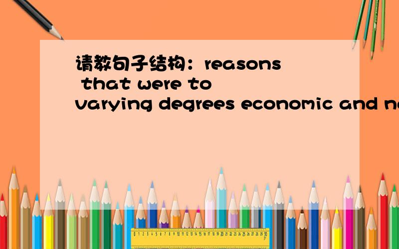 请教句子结构：reasons that were to varying degrees economic and nationalistic.For centuries,explorers have risked their lives venturing into the unknown for reasons that were to varying degrees economic and nationalistic.