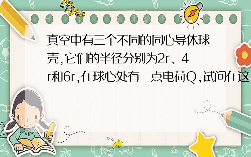 真空中有三个不同的同心导体球壳,它们的半径分别为2r、4r和6r,在球心处有一点电荷Q,试问在这三个球面上分别放置多少电荷,能使图中A.B.C三点处的电场强度相等,已知A.B.C与球心的距离分别为