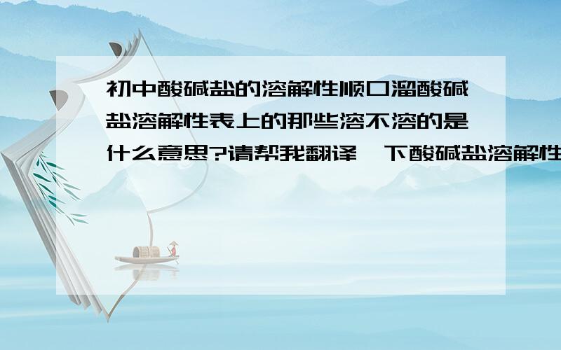 初中酸碱盐的溶解性顺口溜酸碱盐溶解性表上的那些溶不溶的是什么意思?请帮我翻译一下酸碱盐溶解性表的顺口溜谢谢了!还有那个的具体意思还有该怎么用!