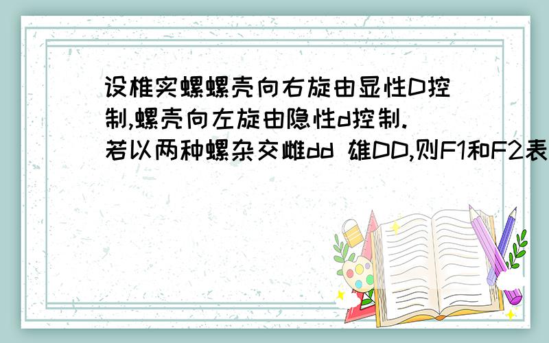 设椎实螺螺壳向右旋由显性D控制,螺壳向左旋由隐性d控制.若以两种螺杂交雌dd 雄DD,则F1和F2表现型:63．设椎实螺的螺壳向右旋是由显性基因D控制,螺壳向左旋是隐性基因d控制.若以两种椎实螺