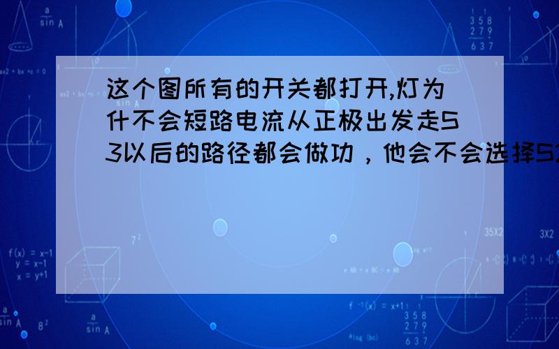 这个图所有的开关都打开,灯为什不会短路电流从正极出发走S3以后的路径都会做功，他会不会选择S2,S1，负极这条路径呢？我现在正在自学有好多不懂，请谅解