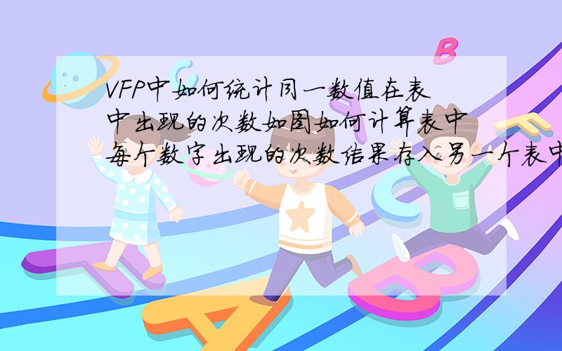 VFP中如何统计同一数值在表中出现的次数如图如何计算表中每个数字出现的次数结果存入另一个表中另一表中的结果应该是号码 数量1 &&数量应为实际统计的个数.