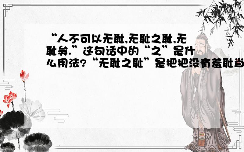 “人不可以无耻,无耻之耻,无耻矣.”这句话中的“之”是什么用法?“无耻之耻”是把把没有羞耻当作羞耻,这里的“耻”就是名词作意动用法（以……为耻）?如果是这样的话,“之”的作用是