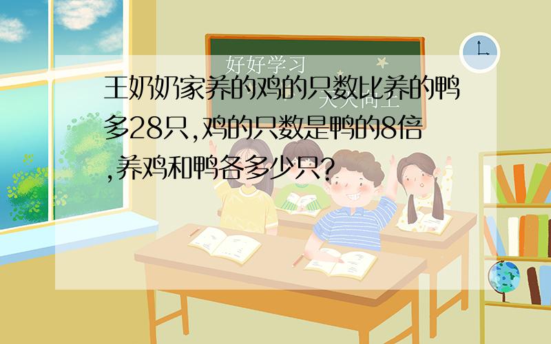 王奶奶家养的鸡的只数比养的鸭多28只,鸡的只数是鸭的8倍,养鸡和鸭各多少只?