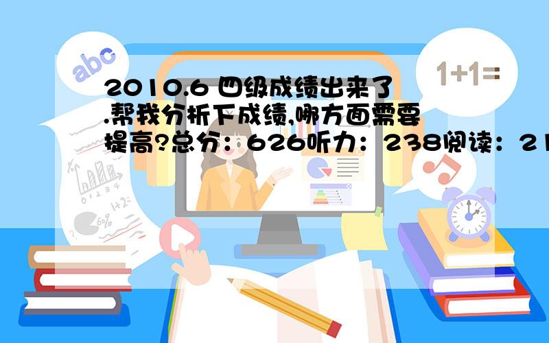 2010.6 四级成绩出来了.帮我分析下成绩,哪方面需要提高?总分：626听力：238阅读：214综合：66写作：108  顺便说下各部分总分应该是多少? 完全不明白到底考的怎么样我想问下各部分的总分是多