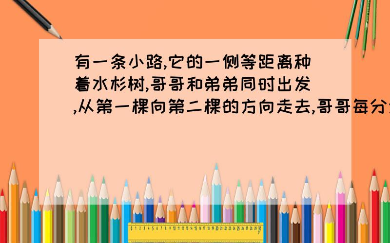 有一条小路,它的一侧等距离种着水杉树,哥哥和弟弟同时出发,从第一棵向第二棵的方向走去,哥哥每分走84米,弟弟每分走36米,当哥哥走到第22棵树的时候,弟弟走到第几棵树?