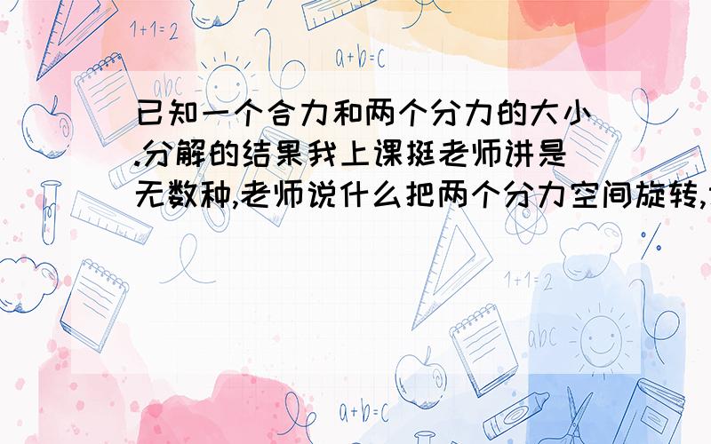 已知一个合力和两个分力的大小.分解的结果我上课挺老师讲是无数种,老师说什么把两个分力空间旋转,课后想了想还是没搞懂