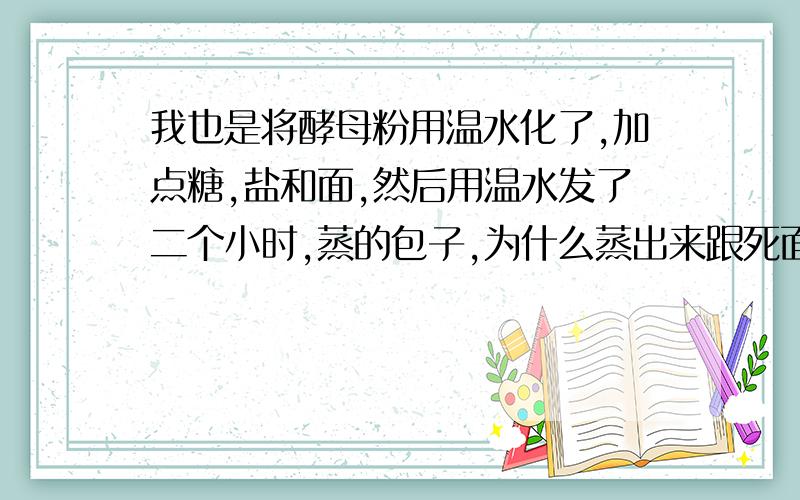 我也是将酵母粉用温水化了,加点糖,盐和面,然后用温水发了二个小时,蒸的包子,为什么蒸出来跟死面一样用凉水蒸的