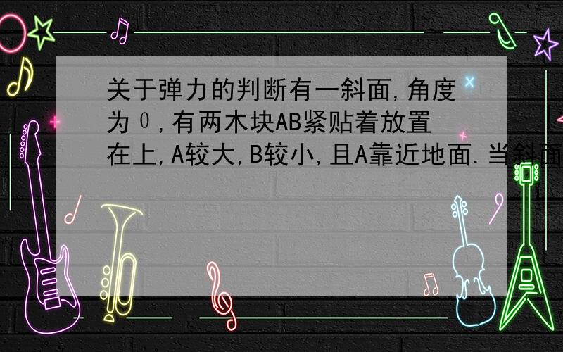 关于弹力的判断有一斜面,角度为θ,有两木块AB紧贴着放置在上,A较大,B较小,且A靠近地面.当斜面光滑时,使AB无初速释放,问AB间有无弹力.答案是没有,若斜面不光滑呢?