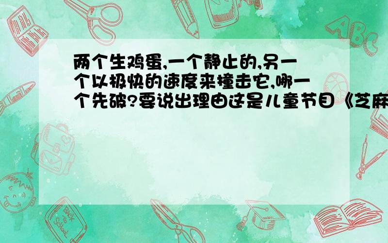 两个生鸡蛋,一个静止的,另一个以极快的速度来撞击它,哪一个先破?要说出理由这是儿童节目《芝麻开门》上的问题,他的回答是静止的鸡蛋先破,但是没说为什么,可我觉得二楼的回答也有道理