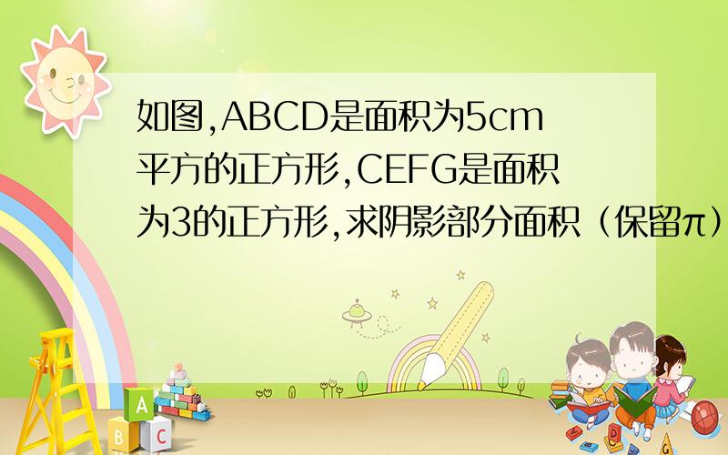 如图,ABCD是面积为5cm平方的正方形,CEFG是面积为3的正方形,求阴影部分面积（保留π）