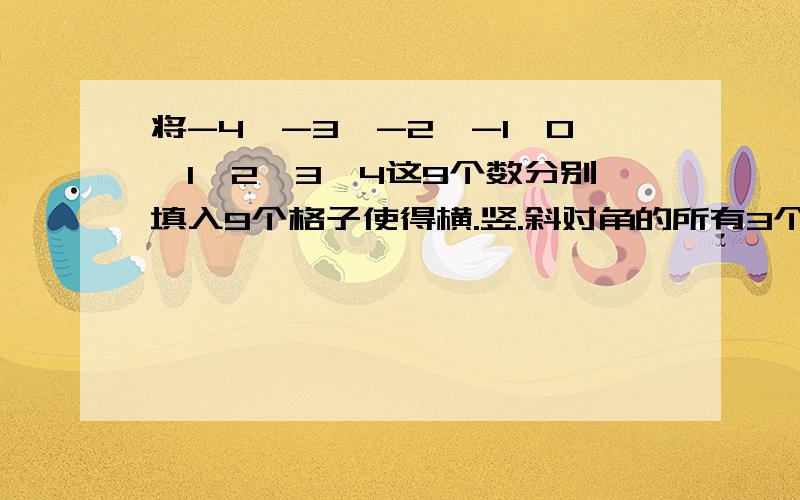 将-4,-3,-2,-1,0,1,2,3,4这9个数分别填入9个格子使得横.竖.斜对角的所有3个数相加为0