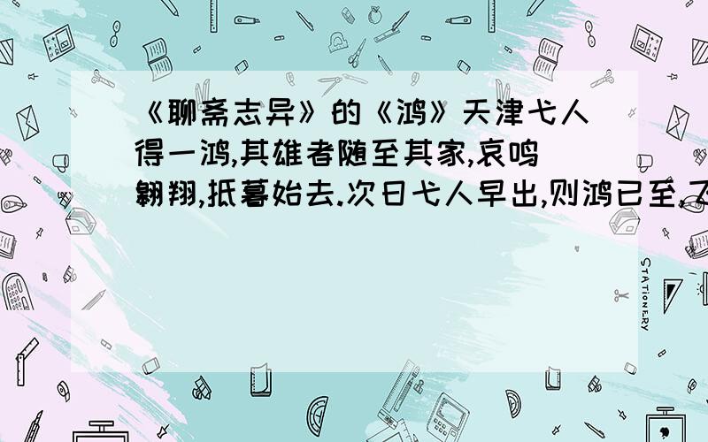 《聊斋志异》的《鸿》天津弋人得一鸿,其雄者随至其家,哀鸣翱翔,抵暮始去.次日弋人早出,则鸿已至,飞号从之；既而集其足下.弋人将并捉之.见其伸颈俯仰,吐出黄金半铤.弋人悟其意,乃曰：