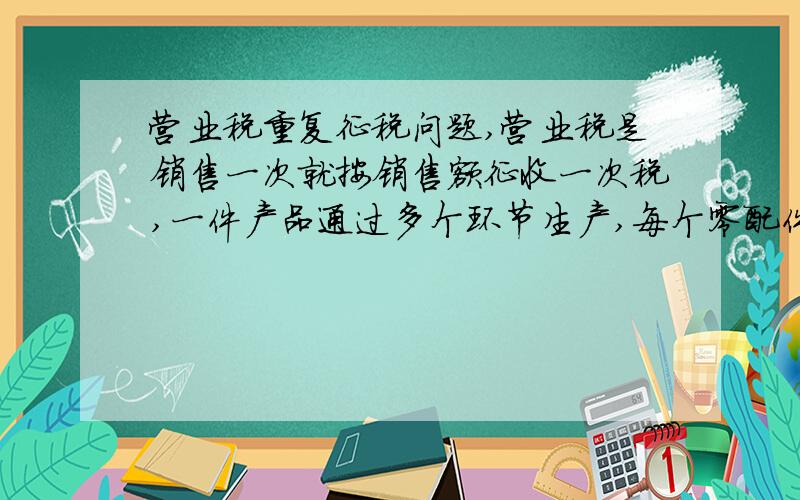 营业税重复征税问题,营业税是销售一次就按销售额征收一次税,一件产品通过多个环节生产,每个零配件生产都收税,转卖一次收一次税,前次所收的税款不可以抵减,所以对于工艺越复杂,流程越