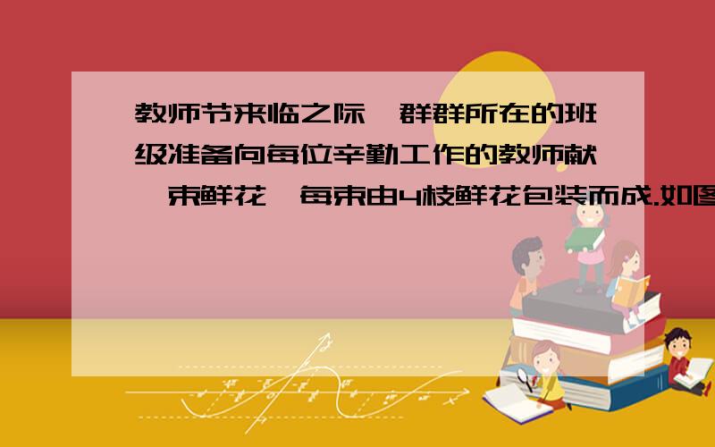 教师节来临之际,群群所在的班级准备向每位辛勤工作的教师献一束鲜花,每束由4枝鲜花包装而成.如图.其中有象徵母爱的康乃馨 和象徵尊敬的水仙花两种鲜花,同一种鲜花每枝价格相同.（1）