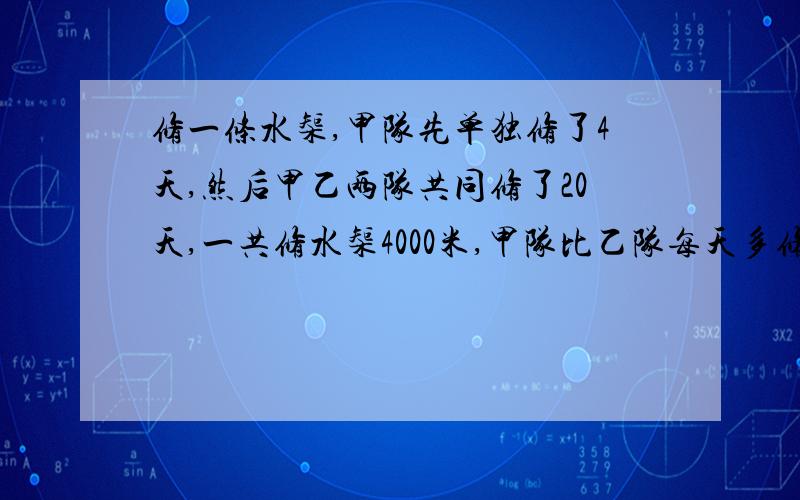 修一条水榘,甲队先单独修了4天,然后甲乙两队共同修了20天,一共修水榘4000米,甲队比乙队每天多修130米,甲队比乙队一共多修多少米