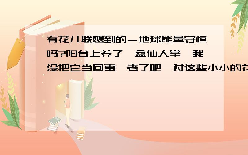 有花儿联想到的－地球能量守恒吗?阳台上养了一盆仙人掌,我没把它当回事,老了吧,对这些小小的花花草草已经没有出动心灵的感觉了.今天关键我想到了一个问题.这盆仙人掌,姑且简称花吧,